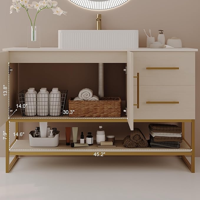 47.2 inch Modern Bathroom Vanity with Ceramic Vessel Sink, Gold Accent Freestanding Bathroom Cabinet with Wood Countertop, Soft Closing Cabinet, 2 Sliding Drawers & Open Storage Shelf, White Oak