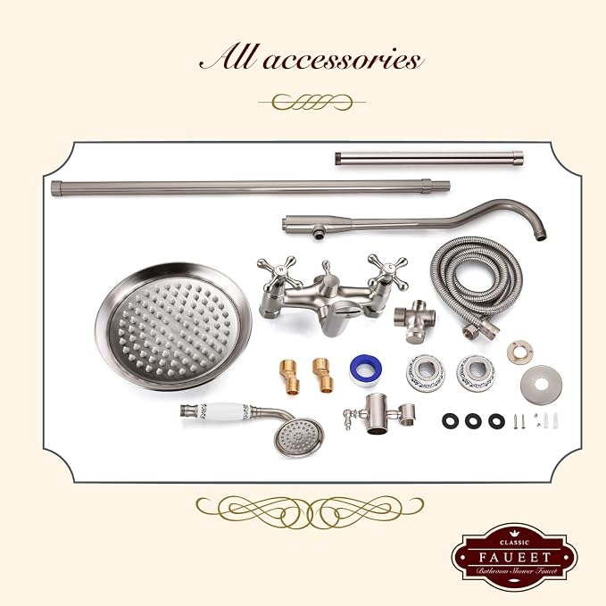 gotonovo Vintage Exposed Shower Faucet Set with Tub Spout,Brushed Nickel | Bathtub 8” Shower Head with Handheld System Fixtures Combo Kit,360°Rotation,Fast Filler,Extra Extension Tube,for 5-6.7" Hole