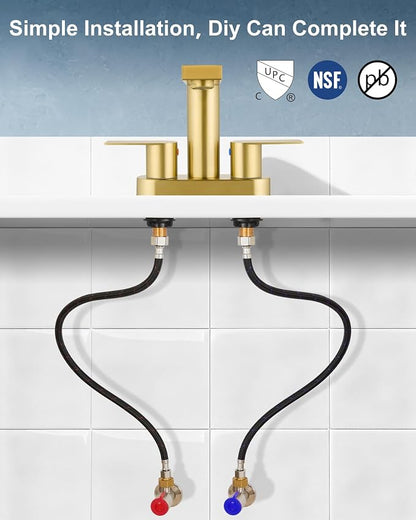 Brushed Gold Bathroom Sink Faucet,4 Inch Centerset,Two Handle | Lead-Free SUS304 Stainless Steel 2 or 3-Hole Centerset Bathroom Faucet,Pop-Up Drain & cUPC Supply Lines for Vanity Sinks & RV