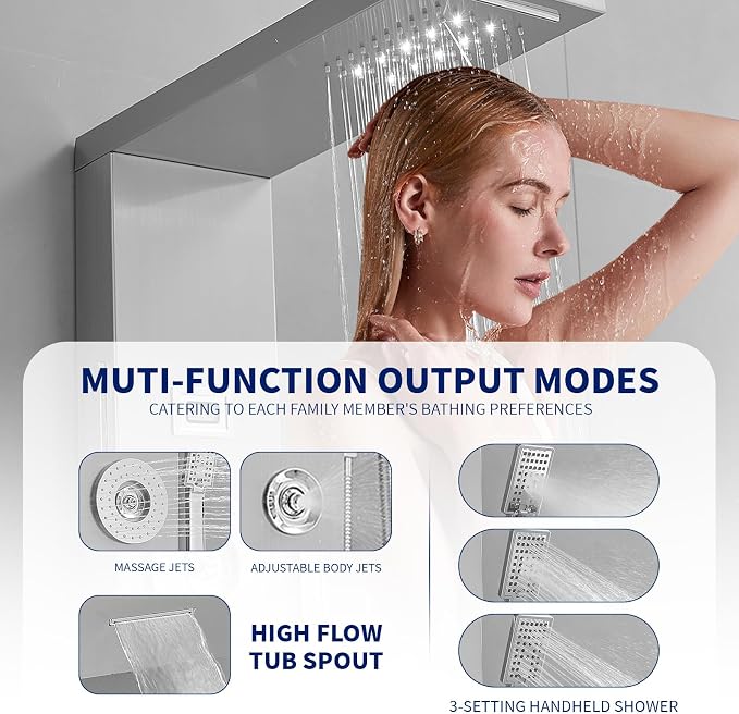 BWE 6 in 1 Shower Panel Tower System with LED Lights & Temp Display | Stainless Steel shower system with Rainfall, Waterfall, 2-Type Massage Jets, Handheld and Tub Spout, Brushed Nickel