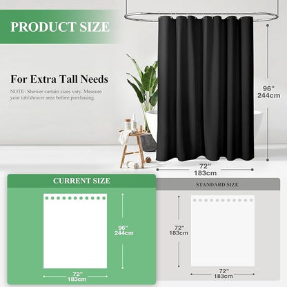 Extra Long Waffle Shower Curtain 256 GSM Fabric 72x96 Black | 96 Inch Tall, Thick Cloth, Weighted Hem, Water Repellent, Hotel Luxury Polyester Shower Curtain Set for Bathroom 12 Hooks