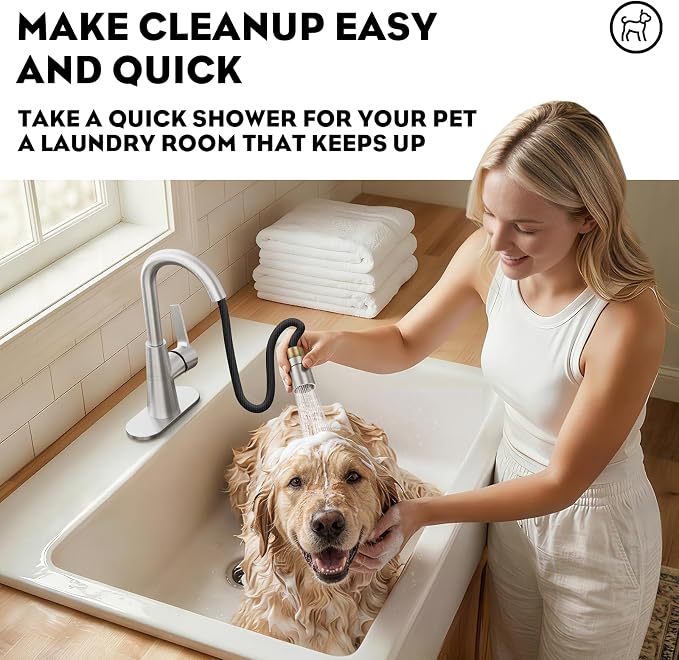 Tall Bathroom Faucets with Pull Down Sprayer, Brushed Nickel High Arc Single Handle Pull Out Faucet, 1 or 3 Hole Utility Sink Laundry Bar Faucet Pull Out with Deck Plate WE10CL-ZY-BN