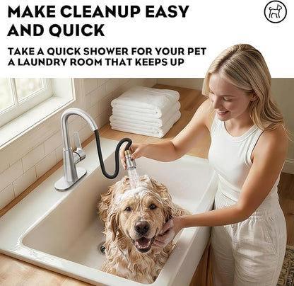 Tall Bathroom Faucets with Pull Down Sprayer, Brushed Nickel High Arc Single Handle Pull Out Faucet, 1 or 3 Hole Utility Sink Laundry Bar Faucet Pull Out with Deck Plate WE10CL-ZY-BN