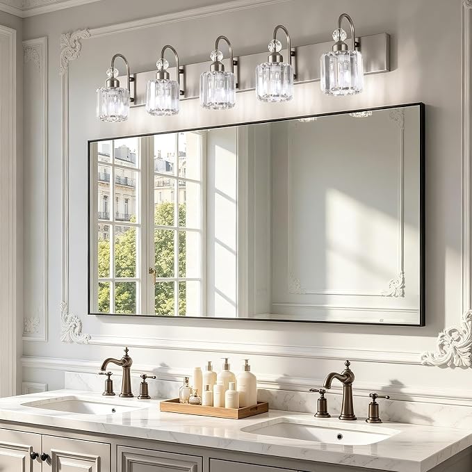 Ralbay Crystal Bathroom Vanity Light Brushed Nickel Modern 5 Light Bathroom Wall Lighting Fixtures Over Mirror
