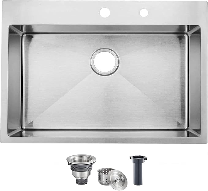 KINGO HOME 33 x 22 Inch Drop in Stainless Steel Kitchen Sink, Single Bowl 16 Gauge Top mount Sink Commercial Handmade 9 Inch Deep Kitchen Sinks Workstation Single Basin Brushed Satin Nickel