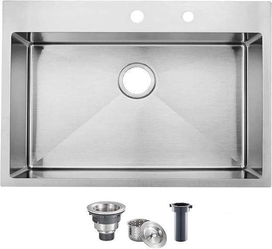 KINGO HOME 33 x 22 Inch Drop in Stainless Steel Kitchen Sink, Single Bowl 16 Gauge Top mount Sink Commercial Handmade 9 Inch Deep Kitchen Sinks Workstation Single Basin Brushed Satin Nickel
