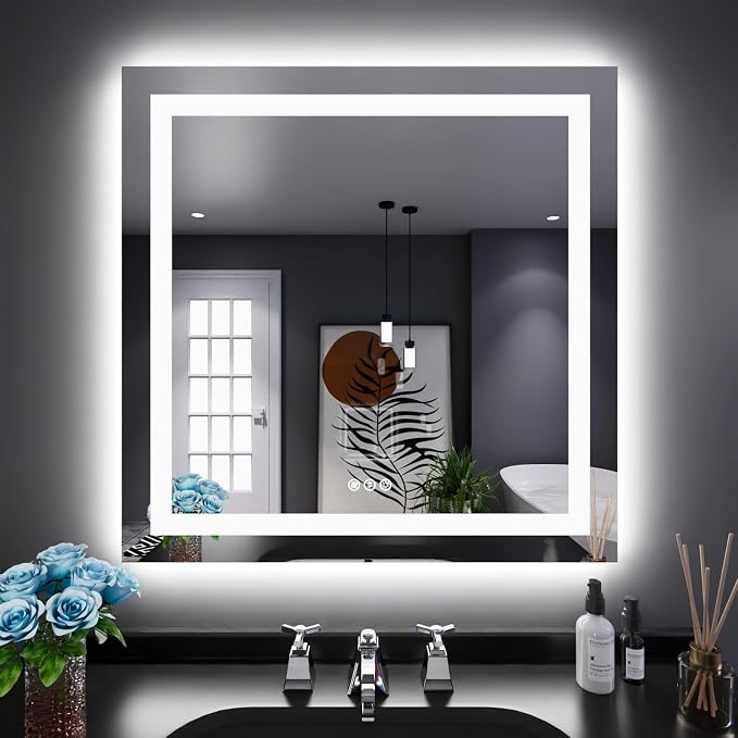 LOAAO 32"X32" LED Bathroom Mirror with Lights, UL Listed | Anti-Fog, Dimmable, 3 Color Temperature, Backlit + Front Lit, Memory Function, Tempered Glass
