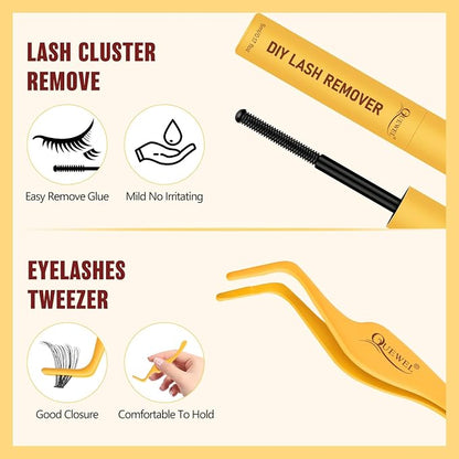 QUEWEL Lash Clusters Kit, 320 Pcs 30D Lash Cluster Eyelash Extensions | 9-16mm Lash Clusters Wispy Kit with Eyelash Clusters Bond and Seal Glue Remover Tweezers (30D Kit)