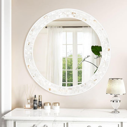 Tanmicoshomy Round Wall Mirror 30 Inch, Natural Shell Framed Circle Mirrors with Tempered Glass for Coastal Bathroom Bedroom Living Room or Entrayway