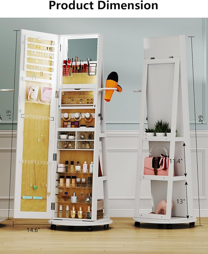 Full Length Mirror with Jewelry Storage, 360° Rotating Jewelry Armoire Organizer with Lights, Lockable Mirror Jewelry Cabinet Standing, Jewelry Mirror Cabinet for Gifts (White)