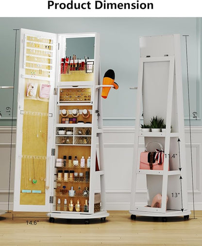Full Length Mirror with Jewelry Storage, 360° Rotating Jewelry Armoire Organizer with Lights, Lockable Mirror Jewelry Cabinet Standing, Jewelry Mirror Cabinet for Gifts (White)