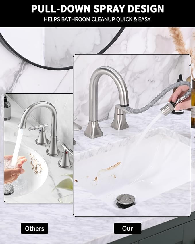 Bathroom Faucet 3 Hole with Pull Out Sprayer, 8 Inch Widespread Bathroom Faucet, Magnetic Pull Out Faucet for Easy to Use, Brushed Nickel (with Pop-up Drain)