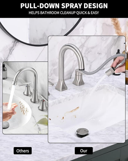 Bathroom Faucet 3 Hole with Pull Out Sprayer, 8 Inch Widespread Bathroom Faucet, Magnetic Pull Out Faucet for Easy to Use, Brushed Nickel (with Pop-up Drain)