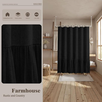 Farmhouse Shower Curtain Ruffle Linen Flax Black 72" W x 96" L | Linen Fabric, Farmhouse Boho, Bottom Ruffle, Rustic, Country, Natural Look, Washable, Shower Curtain for Bathroom Bathtub