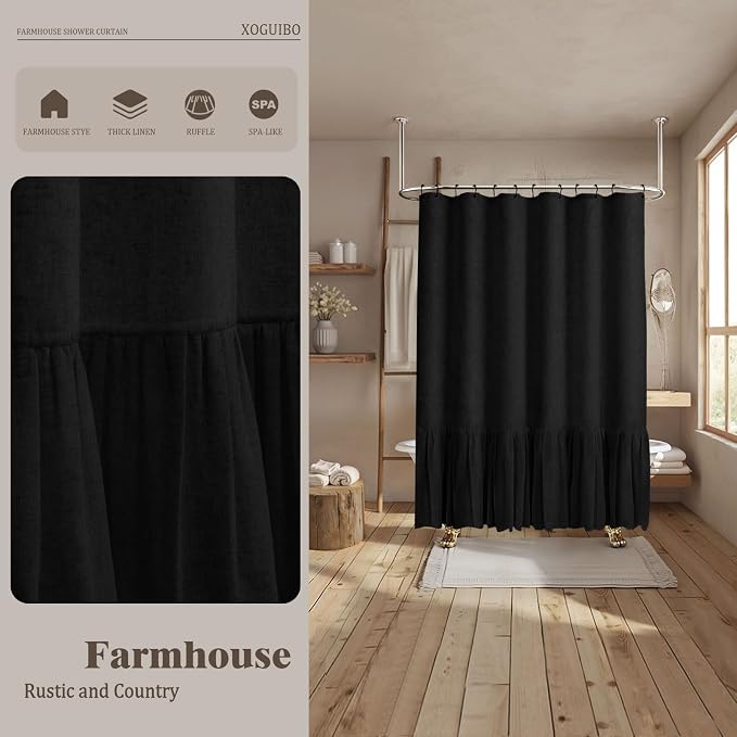 Farmhouse Shower Curtain Ruffle Linen Flax Black 72" W x 84" L | Linen Fabric, Farmhouse Boho, Bottom Ruffle, Rustic, Country, Natural Look, Washable, Shower Curtain for Bathroom Bathtub