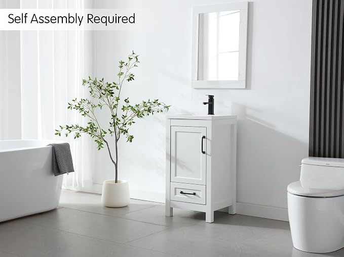 LUCKWIND 18" Bathroom Vanity and Sink Combos, Modern Bathroom Storage Painted Cabinet with Undercounter Ceramic Single Sink Top, Matte Black Faucet and Drawer, Mirror Not Included, White