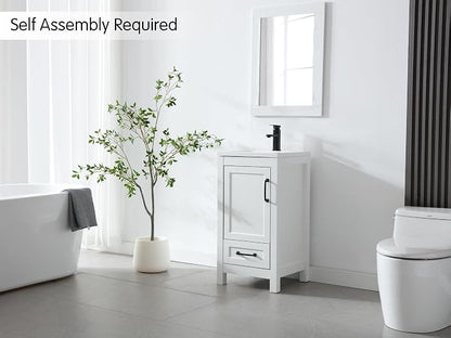 LUCKWIND 18" Bathroom Vanity and Sink Combos, Modern Bathroom Storage Painted Cabinet with Undercounter Ceramic Single Sink Top, Matte Black Faucet and Drawer, Mirror Not Included, White