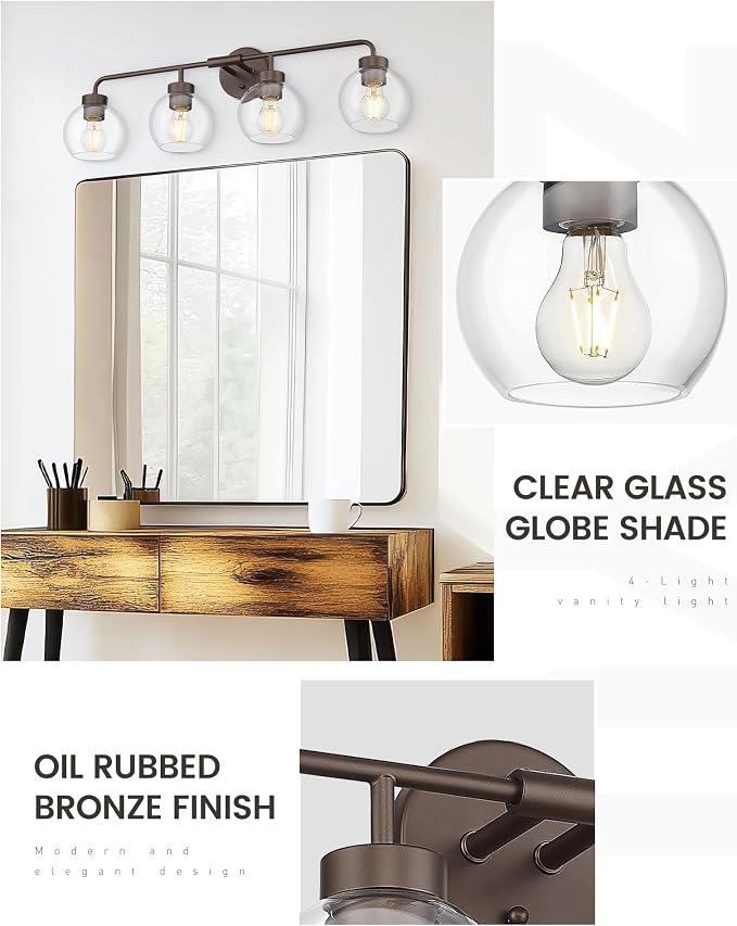 zeyu Oil Rubbed Bronze 32-Inch 4-Light Bathroom Vanity Light, ZS62BG-4W ORB | Bathroom Lights Fixtures Over Mirror, Hardwired, ETL Listed, Up/Down Mount, Clear Globe Glass Shades, For Bathroom Mirror