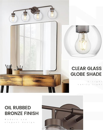 zeyu Oil Rubbed Bronze 32-Inch 4-Light Bathroom Vanity Light, ZS62BG-4W ORB | Bathroom Lights Fixtures Over Mirror, Hardwired, ETL Listed, Up/Down Mount, Clear Globe Glass Shades, For Bathroom Mirror