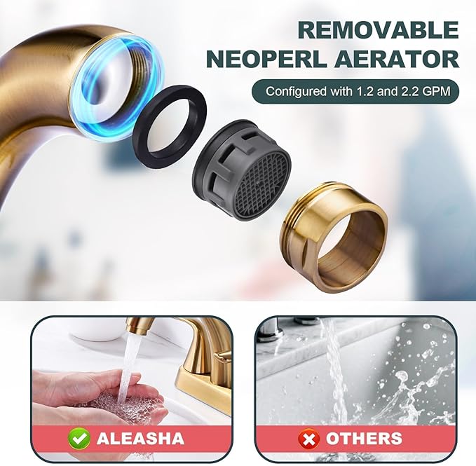 Brushed Gold Bathroom Sink Faucet: ALEASHA 4 Inch Centerset Bathroom Faucet, 2 Handles Washroom Sink Faucets with Pop Up Drain Stopper, RV Lavatory Vanity Faucets with Aesthetic Appeal