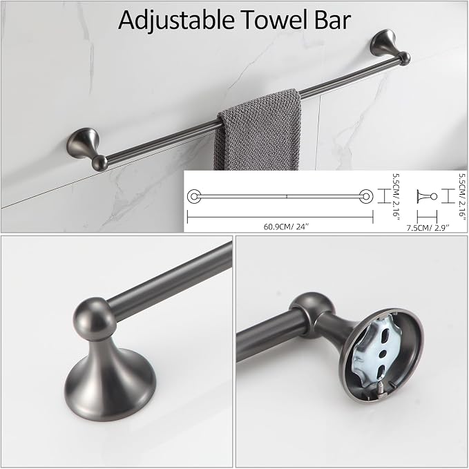 BGL Bathroom Hardware Set Grey Electroplating 4-Piece Bathroom Accessories Set Wall Mounted Adjustable Towel Bar Robe Hook Toilet Paper Holder Towel Ring Glossy Grey