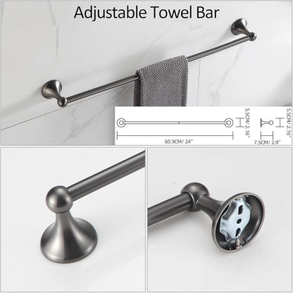 BGL Bathroom Hardware Set Grey Electroplating 4-Piece Bathroom Accessories Set Wall Mounted Adjustable Towel Bar Robe Hook Toilet Paper Holder Towel Ring Glossy Grey