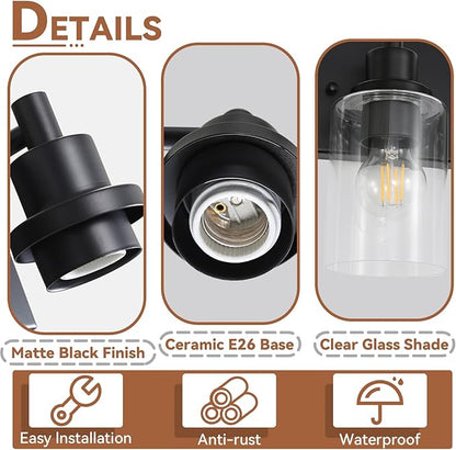LOUSACE 4 Light Bathroom Vanity Light, Matte Black Bathroom Lighting Fixtures with Clear Glass Shade, Modern Vanity Wall Sconces over Mirror, Farmhouse Black Bath Light Fixture for Bedroom Living Room
