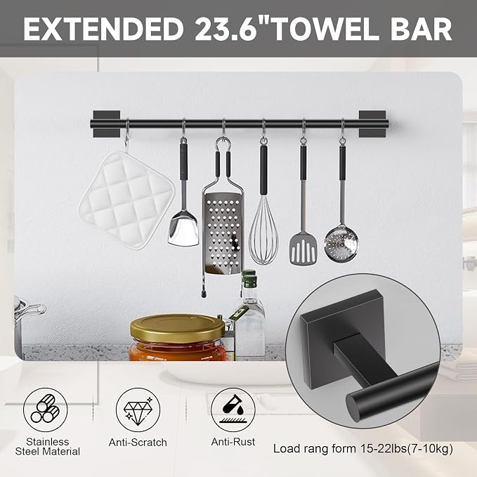 Matte Black Towel Bar Bathroom Hardware Accessories Set, 5 Pieces Toilet Paper Holder Towel Holder Set, 23.6 Inch Stainless Steel Towel Racks for Bathroom Wall Mounted
