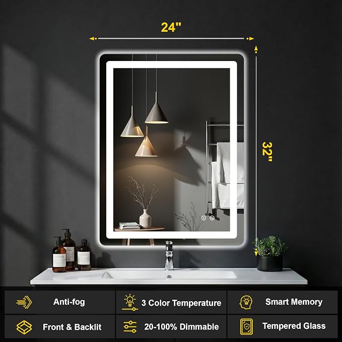 LED Bathroom Mirror with Lights, 24"x32" Lighted Vanity Mirror for Wall | Anti-Fog, Dimmable 3 Color Light, Backlit+Frontlit, Shatterproof Tempered Glass, Memory Function