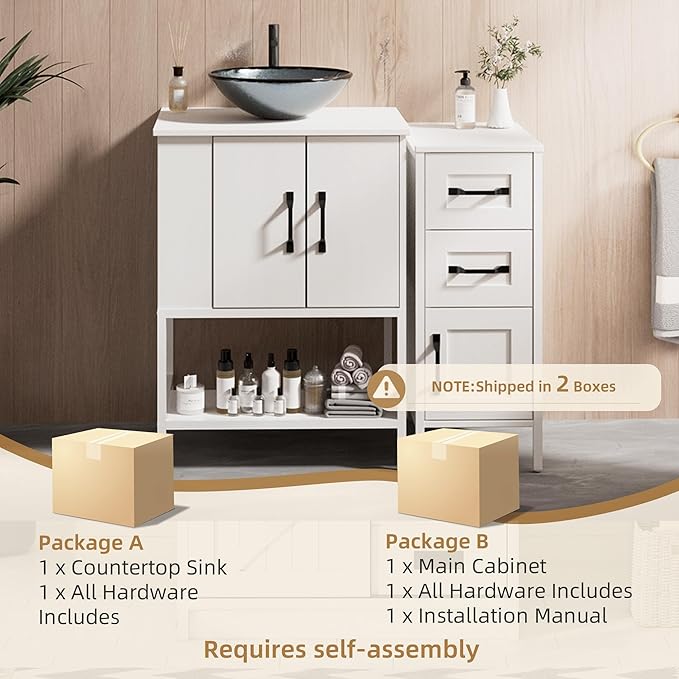 VNN Bathroom Vanity with Sink - 36 Inch Bathroom Vanity with Sink, Open Shelves and 3 Storage Drawers Side Cabinet, Modern Iron Wood Cabinet with Countertop Tempered Glass Vessel, White