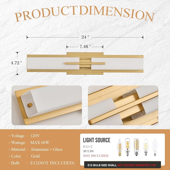 VitaLink Gold Vanity Light, 24” Modern Bathroom Wall Light Over Vanity Mirror 2-Light Hardwired Milky White Glass Wall Light for Bedroom Living Room Dining Room Hallway