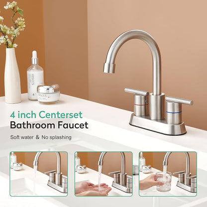 Faustina Brushed Bathroom Faucet, 4 Inch Centerset Faucets for Sink 2 Holes 3 Holes，Two Handles 304 Stainless Steel Bathroom Sink Faucet with Pup up Drain and 2 cUPC Water Supply Lines for RV Vanity
