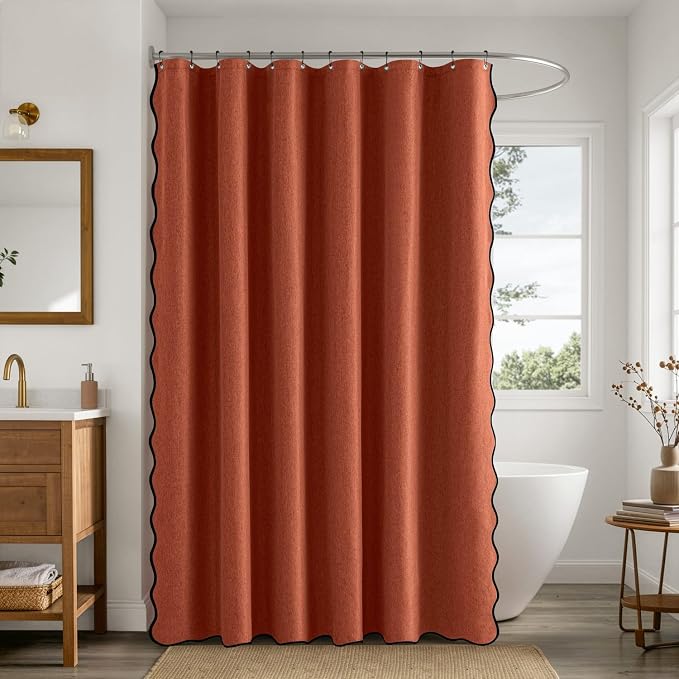 ANRODUO Burnt Orange Scalloped Linen Textured Shower Curtain, W72 x L108 | Boho Farmhouse Shower Curtain with 12 Metal Hooks, Machine Washable Waterproof Heavy Duty Fabric for Bathroom Bathtub