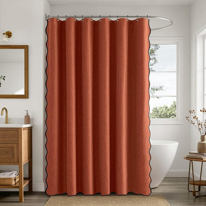 ANRODUO Burnt Orange Scalloped Linen Textured Shower Curtain, W72 x L72 | Boho Farmhouse Shower Curtain with 12 Metal Hooks, Machine Washable Waterproof Heavy Duty Fabric for Bathroom Bathtub