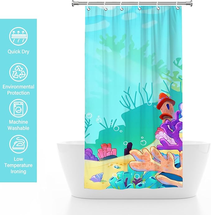 Cartoon Turquoise Underwater Coral Kids Shower Curtain Set 36x72 Inches | Cartoon Underwater Coral Print, Cute Beach Decor for Boys and Girls, Ideal for Kids Stall Bathroom & Housewarming Gift