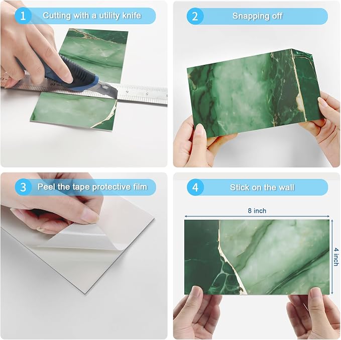 URCOLOR 32-Piece Peel and Stick Backsplash Wall Tile, 4"x 8" PVC Glossy Green Marble Stick on Subway Tiles for Kitchen, Bathroom, Laundry Room, Camper, Fireplace