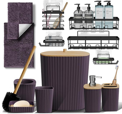 Clara Clark Bathroom Set - Purple Bathroom Accessories Set, 6PC Bathroom Accessory Set, Bathroom Sets with Bathroom Rugs, Adhesive Corner Shower Caddy Hanging, Toilet Brush, Trash Can & Soap Dispenser