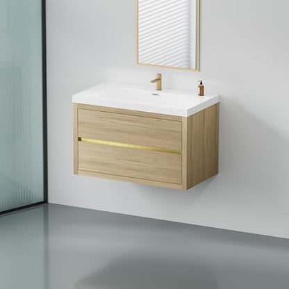 36" Floating Bathroom Vanity with Sink, Wall-Mounted Bathroom Storage Vanity Cabinet with Resin Top Basin and Soft Close Drawers, Fully Assembled, Natural Oak