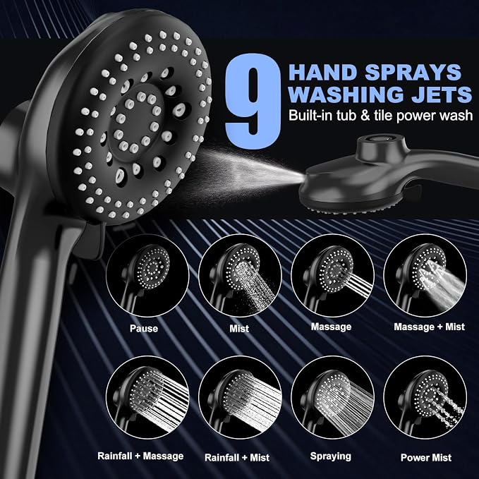 12 Inch High Pressure Rainfall Shower Head Combo,9 Settings Handheld Shower | Height/Angle Adjustable, 3 Spray Modes, Anti-leak, Built-in Magnetic Docking,Washing Jets,Holder, 59" Shower Hose, 1.75GPM