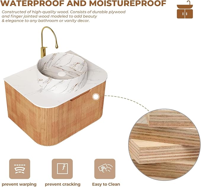 LKTART 24 Inch Floating Bathroom Vanity with Sink, Modern Wall Mounted Bathroom Storage Cabinet with Drawer, Stone Pattern Round White Ceramic Sink Top and Marble Texture Top, Natural Wood