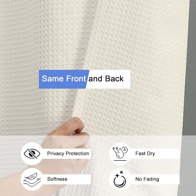 Extra Long Shower Curtain Set- 96 Inch Long Waffle Weave Heavy Duty Fabric Shower Curtains for Bathroom, Luxury Heavy Duty Thick Cloth Shower Curtain with 12 Plastic Hooks, 72x96, Cream