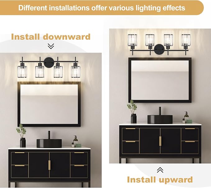 Black Bathroom Light Fixtures, Square, 4-Light | Vanity Lights with Crystal Shades, Modern Bathroom Lighting Fixtures over Mirror (Bulbs Not Included, E26)