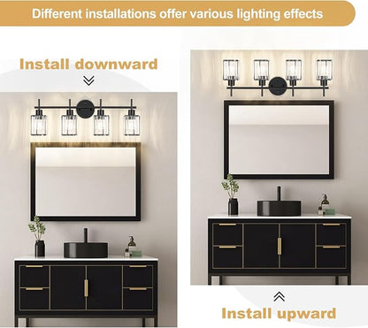 Black Bathroom Light Fixtures, Square, 4-Light | Vanity Lights with Crystal Shades, Modern Bathroom Lighting Fixtures over Mirror (Bulbs Not Included, E26)