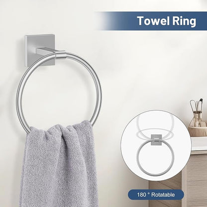 TURS 5-Pieces Brushed Nickel Bathroom Hardware Set 23.6 Inch SUS304 Stainless Steel Towel Bar Set Wall Mounted Square Toilet Paper Holder with Shelf