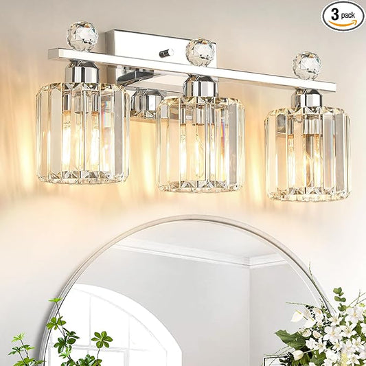 Crystal Bathroom Lighting Fixtures Over Mirror, 3 Light Chrome Brushed Nickel Vanity Light, Modern Bath Wall Sconce Lighting for Bedroom Living Room