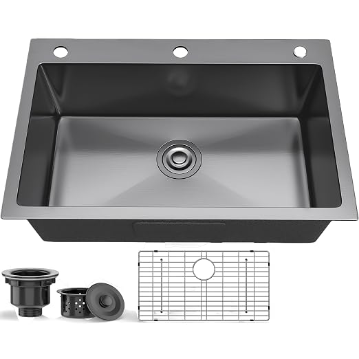 YITAHOME Drop in Black Kitchen Sink with 3 Holes, 28in Top Mount Stainless Steel Nano Gunmetal Black Single Bowl with Grid for Workstation, RV, Bar Sink, 28 x 18 x 10in