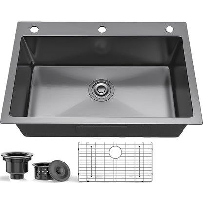 YITAHOME Drop in Black Kitchen Sink with 3 Holes, 28in Top Mount Stainless Steel Nano Gunmetal Black Single Bowl with Grid for Workstation, RV, Bar Sink, 28 x 18 x 10in
