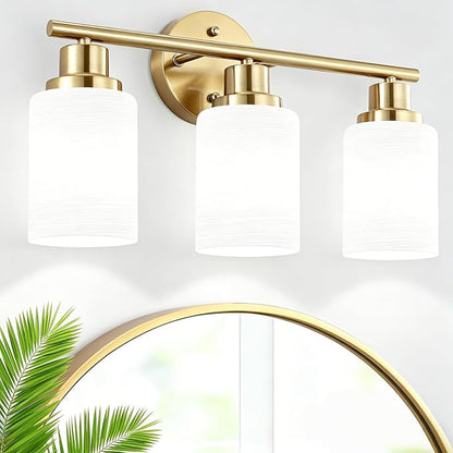 3-Light Bathroom Light Fixtures, Vanity Lights for Mirror with Textured Milky White Glass Shade, Modern Kitchen Light Fixtures Wall Sconce Light - E26 Base - Brushed Gold