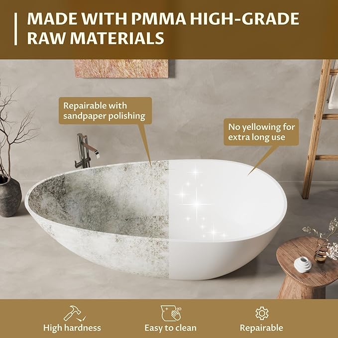 67" Freestanding Bathtub, Solid Surface Soaking Tub - Oval Egg Shell Stone Resin with Pop-Up Drain & Overflow, CUPC Certified Matte White Deep Soaking Tub with Ergonomic Design for Luxury Bathroom