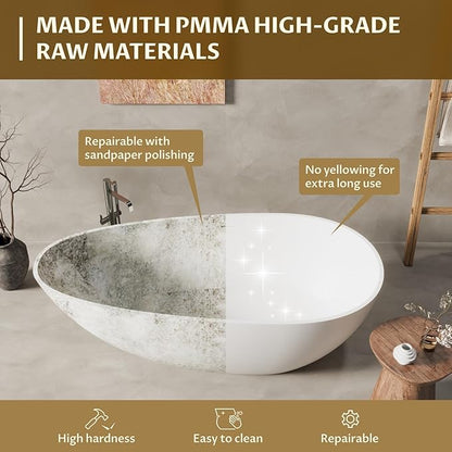 67" Freestanding Bathtub, Solid Surface Soaking Tub - Oval Egg Shell Stone Resin with Pop-Up Drain & Overflow, CUPC Certified Matte White Deep Soaking Tub with Ergonomic Design for Luxury Bathroom